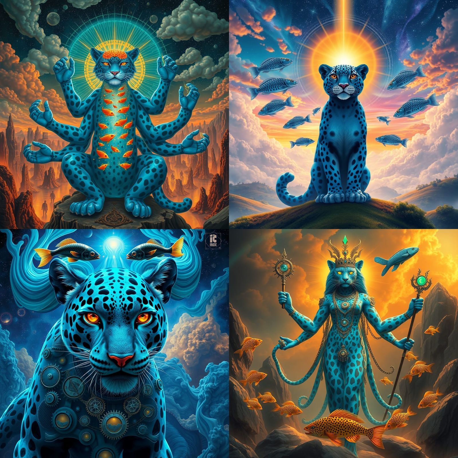 Surreal Blue Leopard God in Celestial Garden
