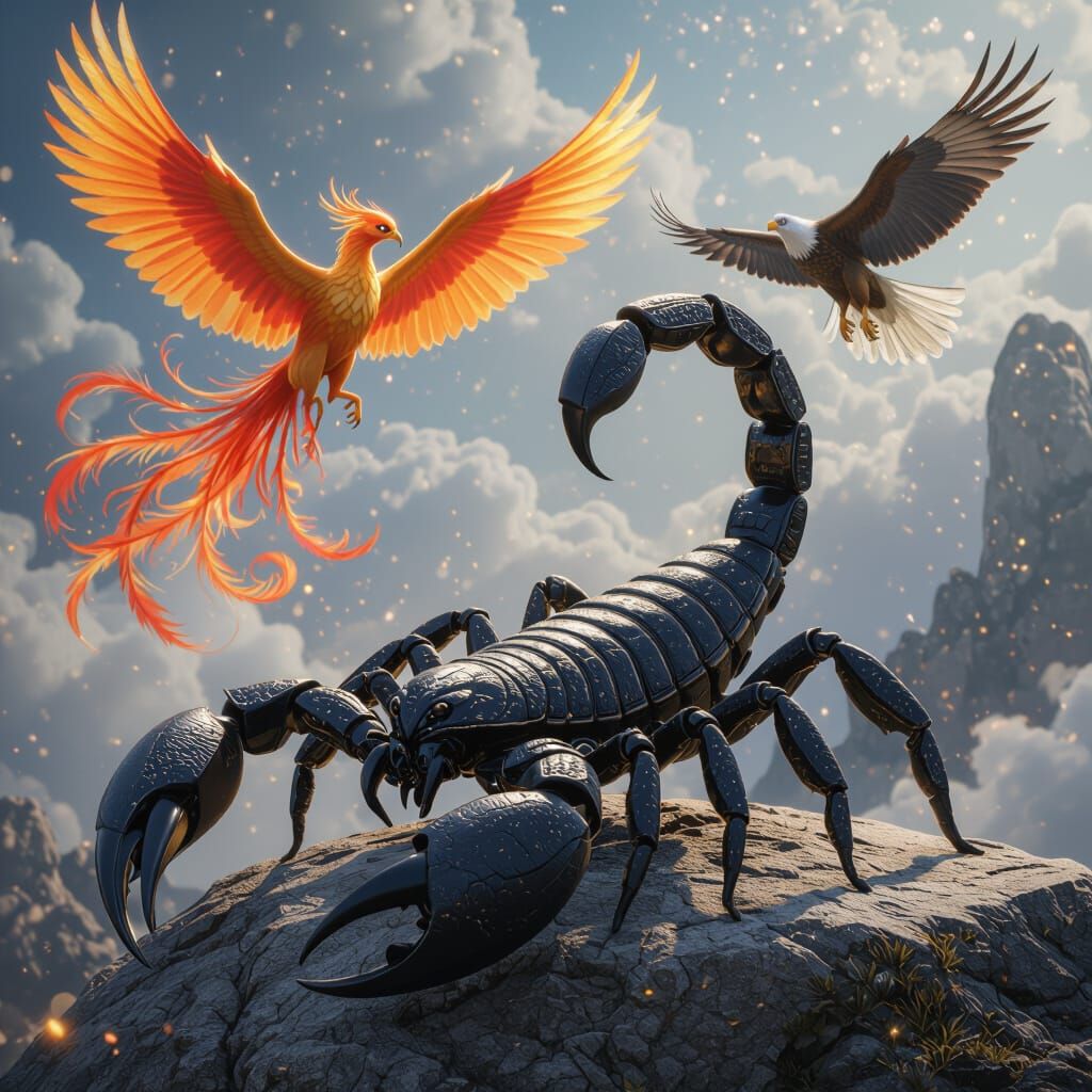 Scorpion, Phoenix, and Eagle in Detailed 3D Anime Style