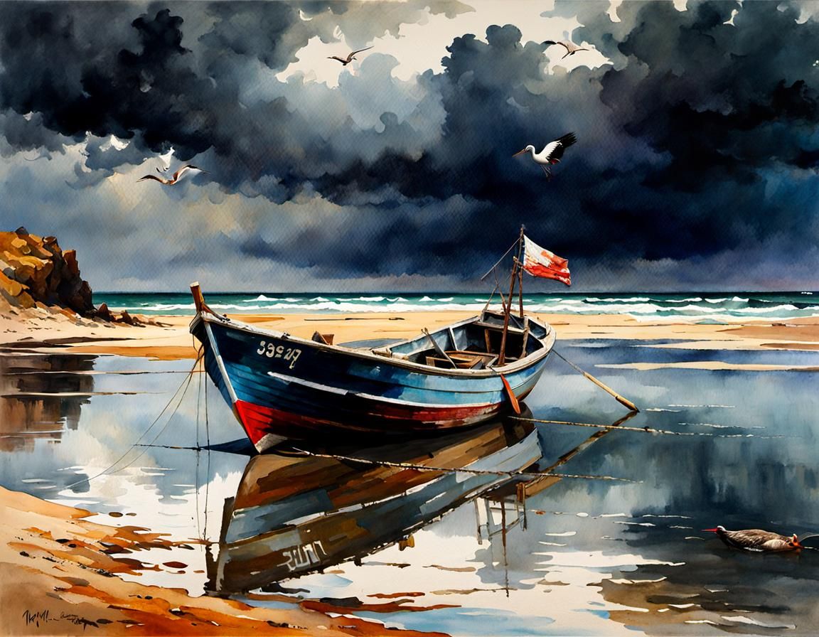 Desert Beach Fishing Boat, Moody Watercolor