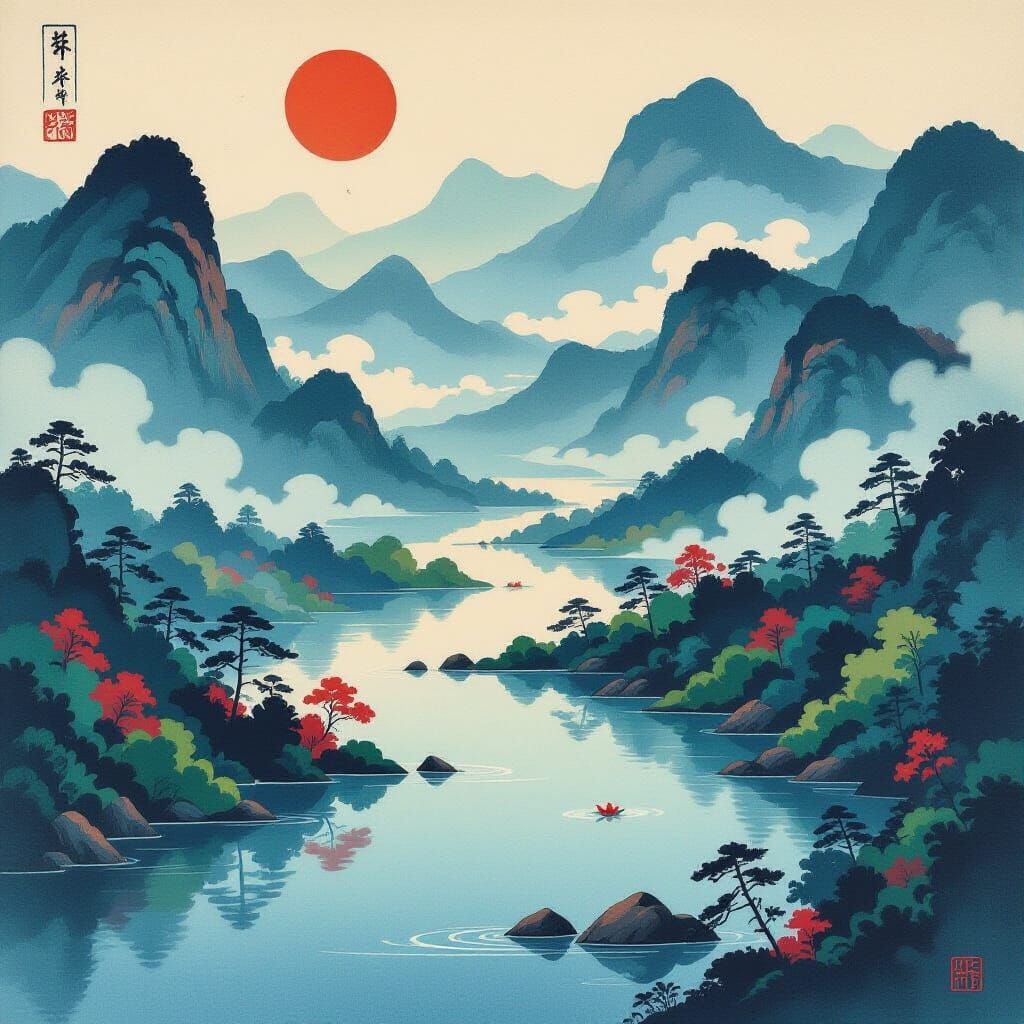 Ukiyo-e Landscape Meets Abstract Biomorphic Forms