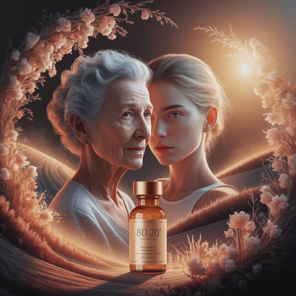 Elderly Woman Merges With Youthful Self in Golden Light