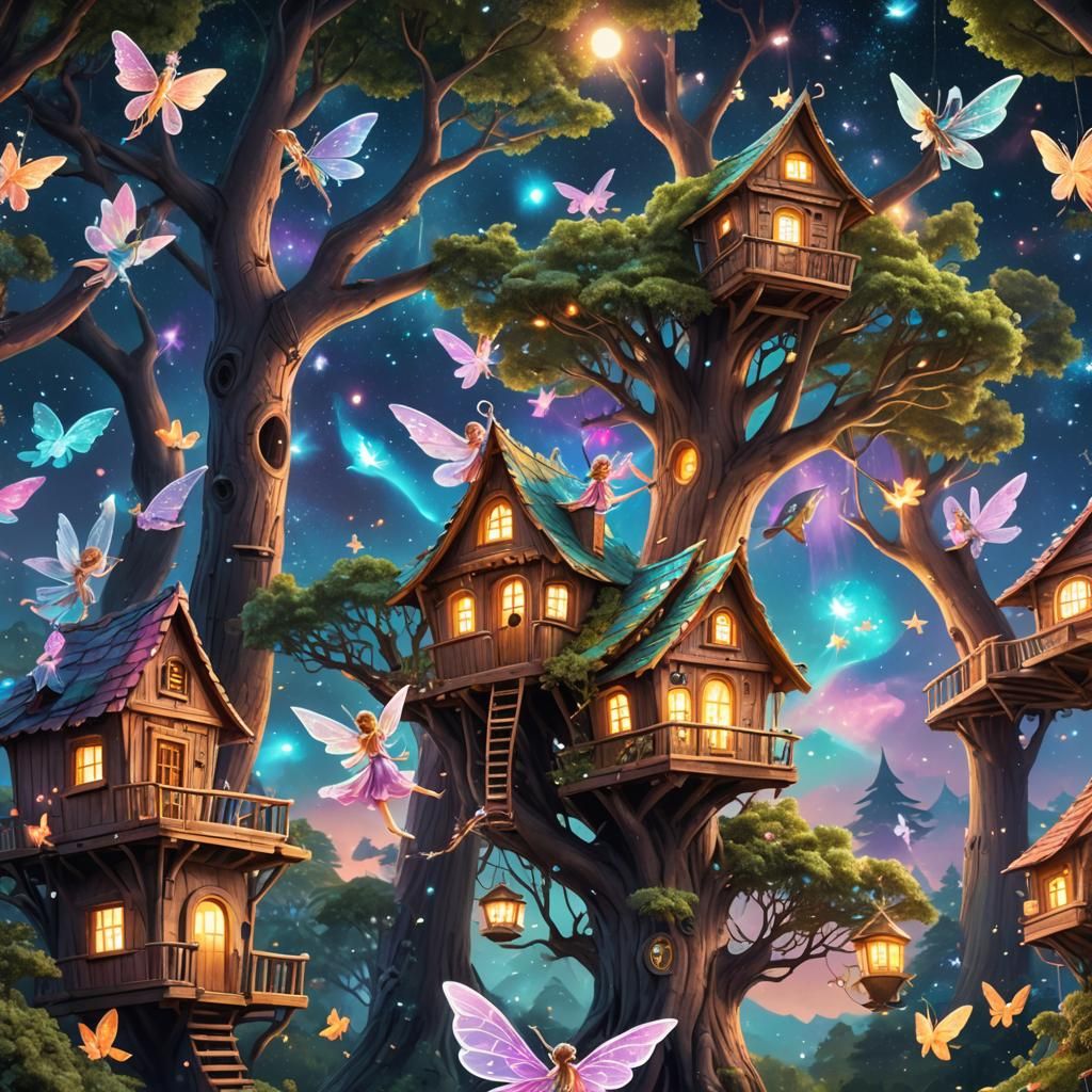 Fairies Fly Over Treehouse: Cosmic Illustration