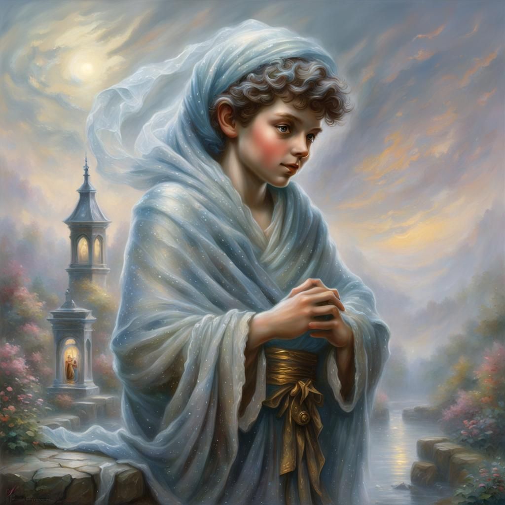 Ethereal Statue of Boy in Cloth