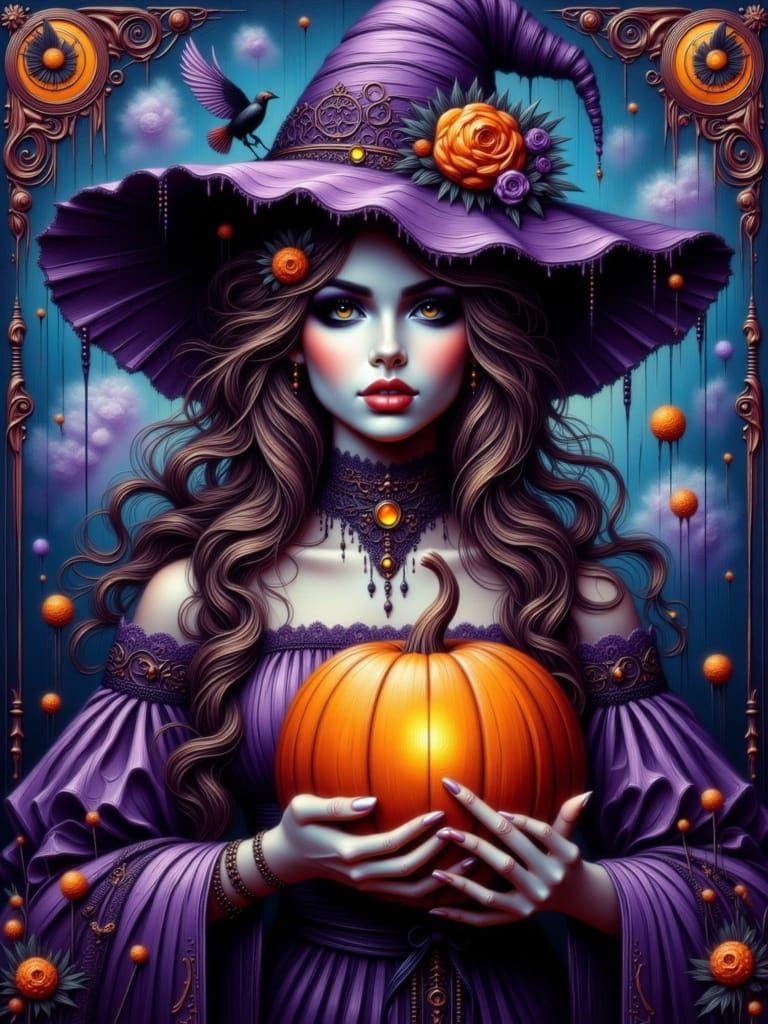 Sweet Witch With Glowing Pumpkin in Psychedelic Cosmic Scene