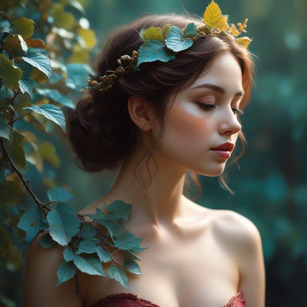 Whimsical Realism Oil Painting of a Nymph in Soft Focus