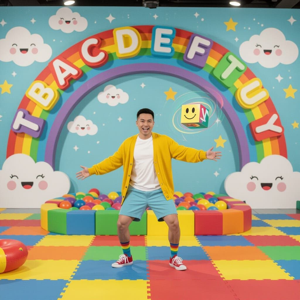 Colorful Play Area with Dancing Host: First-Person View