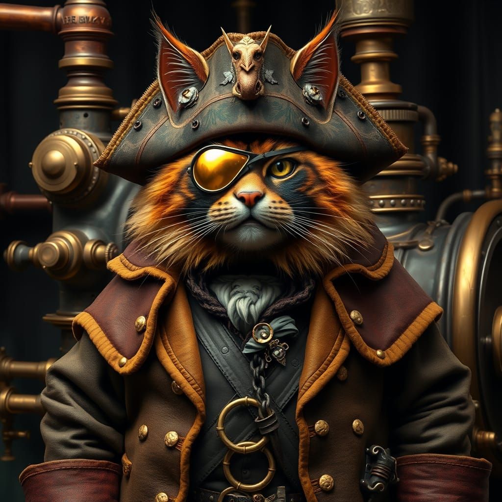 Feline Pirate Captain in Steampunk Regalia