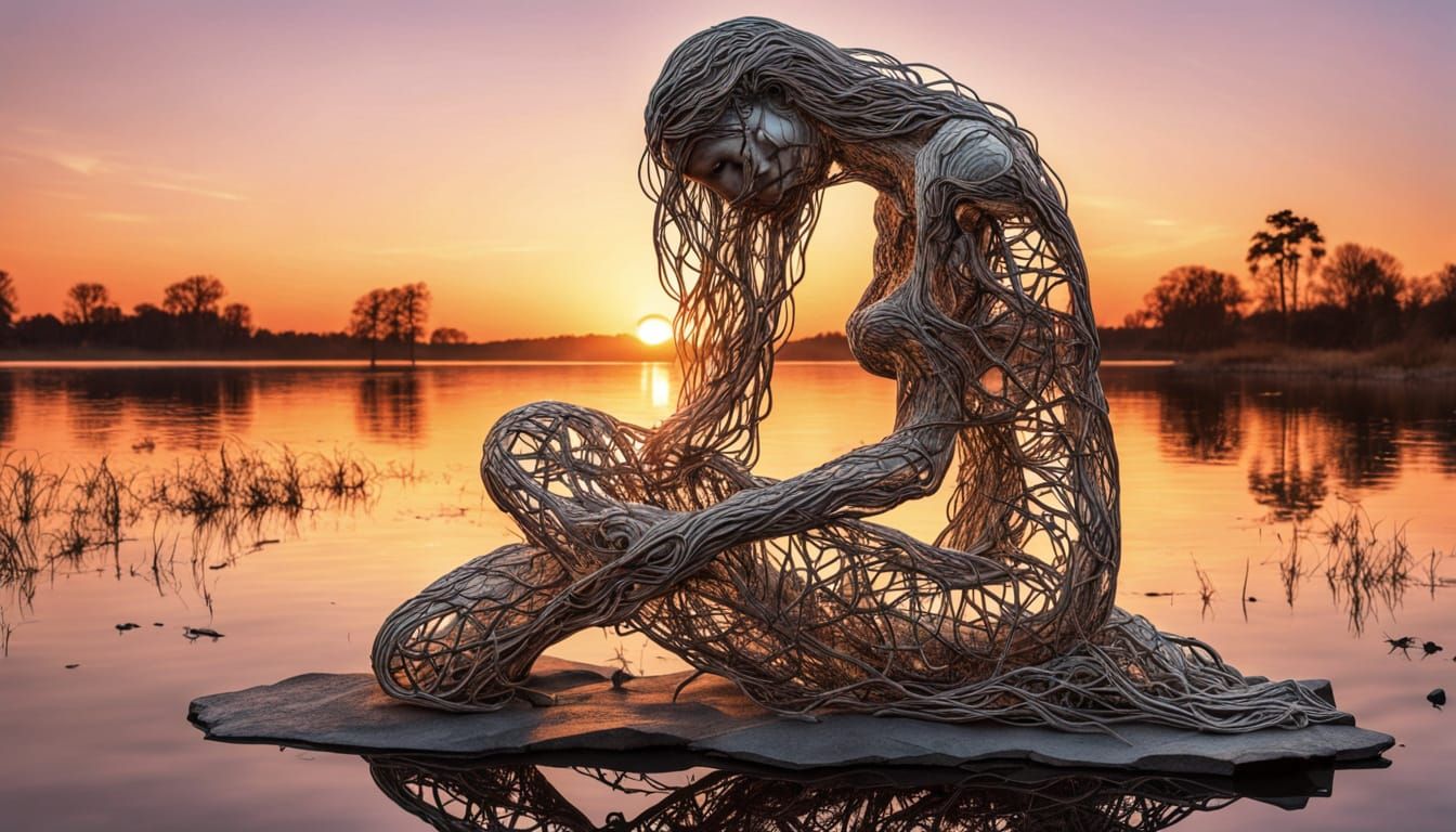 Surreal Fragmented Sculpture of Woman at Sunset