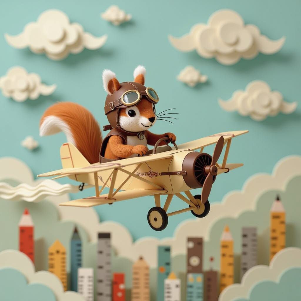 Squirrel Aviator Soaring Over Paperclip City