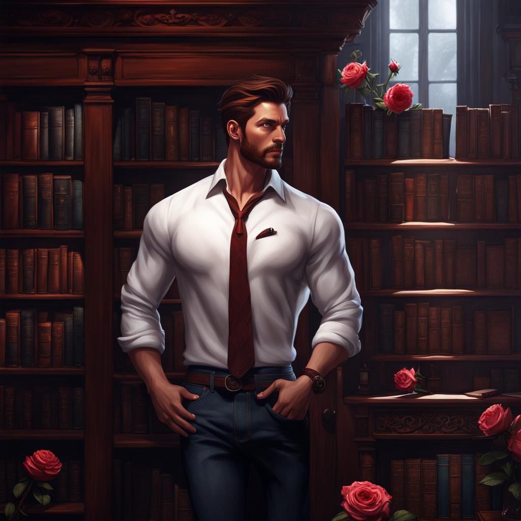 Man with Rose in Library: Detailed Matte Painting