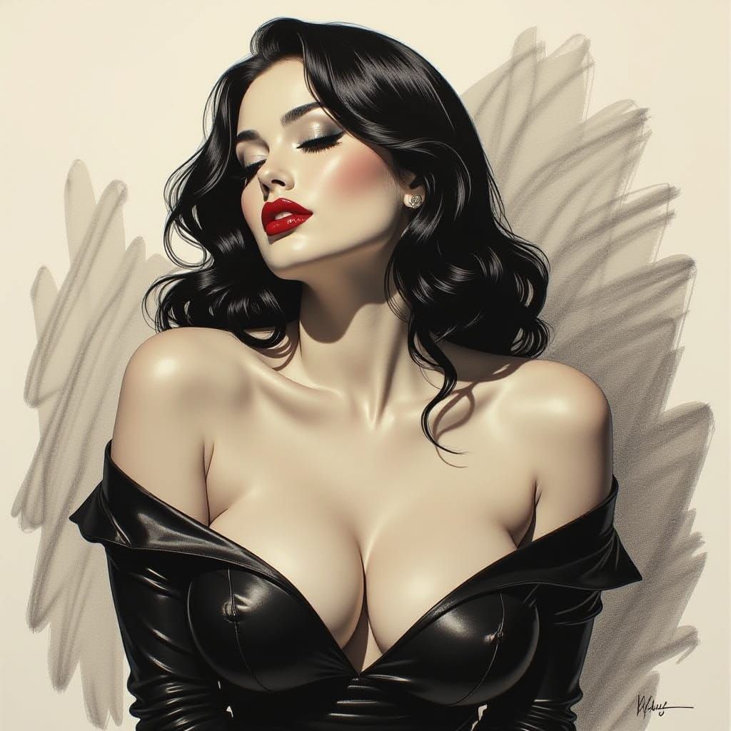 Charcoal Drawing of Voluptuous Woman with Wet Hair