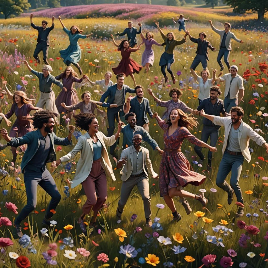 Joyful Celebration: People Dancing in a Flower Field