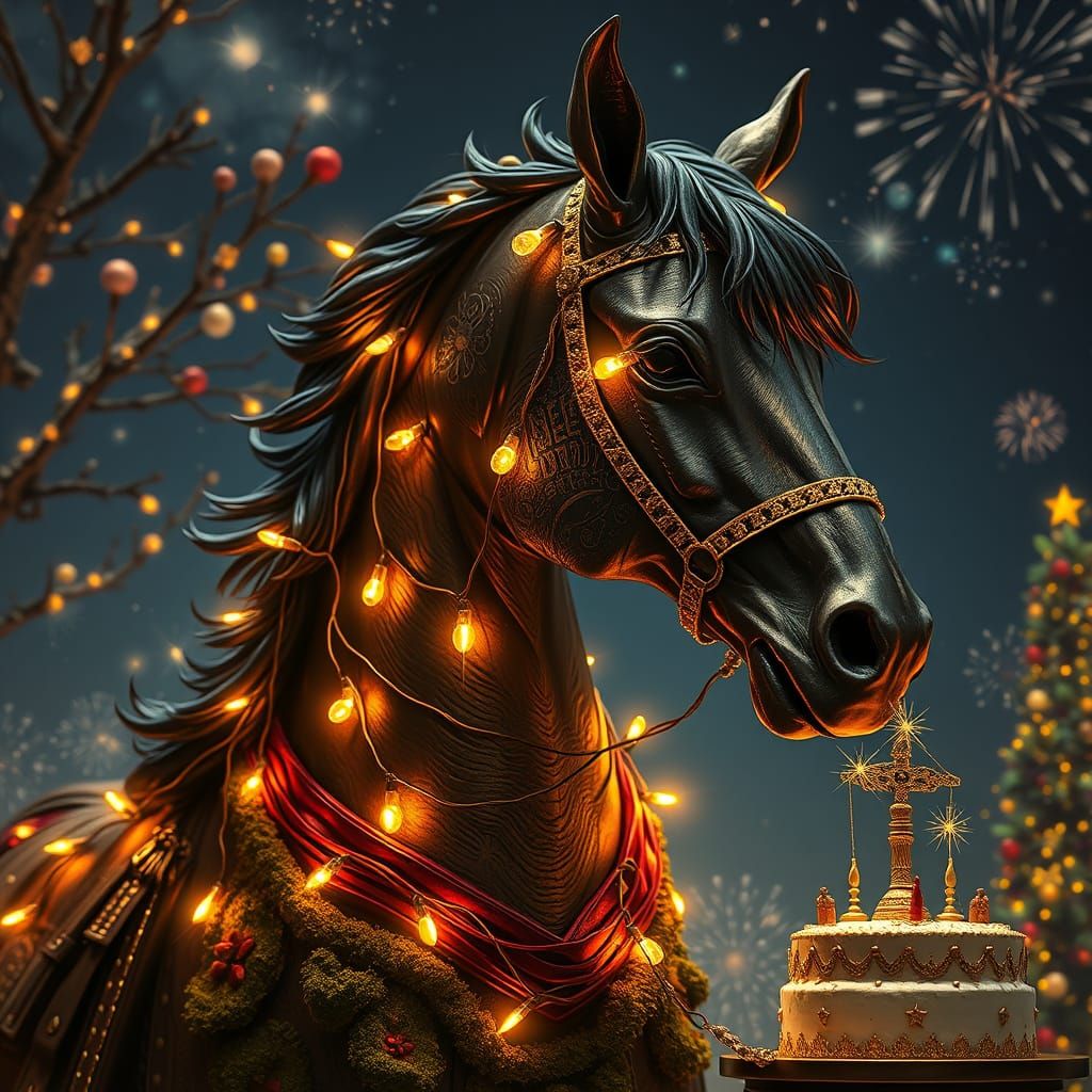 Synthwave Horse with Christmas Lights in Klimt Style