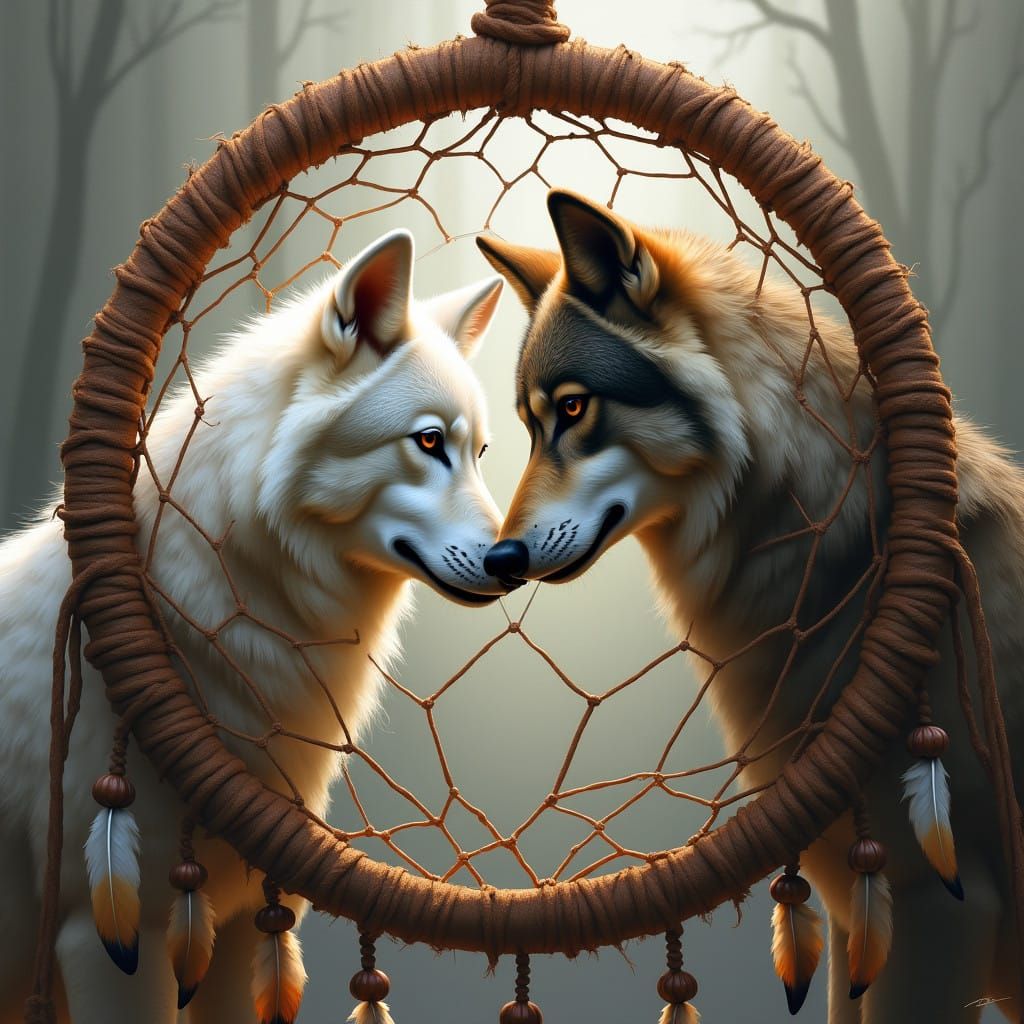 Realistic Digital Oil Painting of a Dreamcatcher with Two Wo...