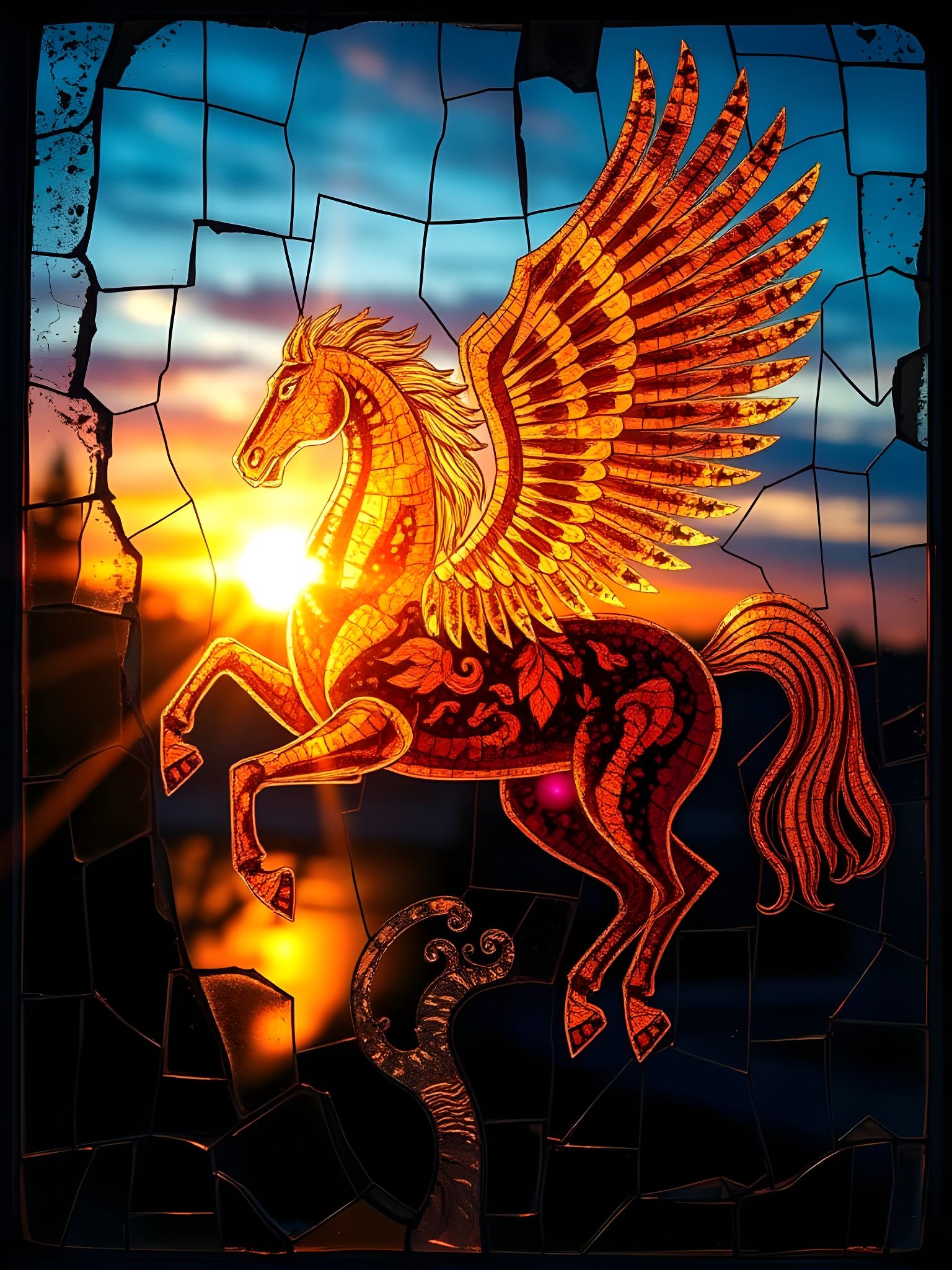 Mosaic Dreams: Regal Golden Pegasus Emerge from Broken Windo...