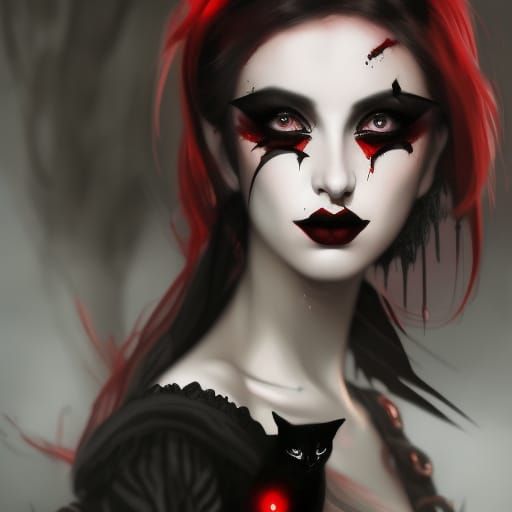 Young Gothic lady with cat’s-eye eyeliner and smoky black eyeshadow and Red eyeshadow and Black lipstick
