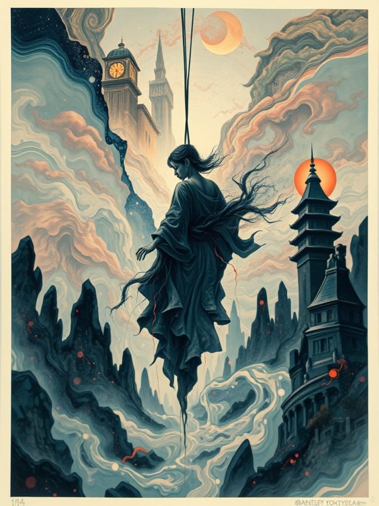 Surreal, Dreamlike Ukiyo-E Portrait in Blending Op Art and C...