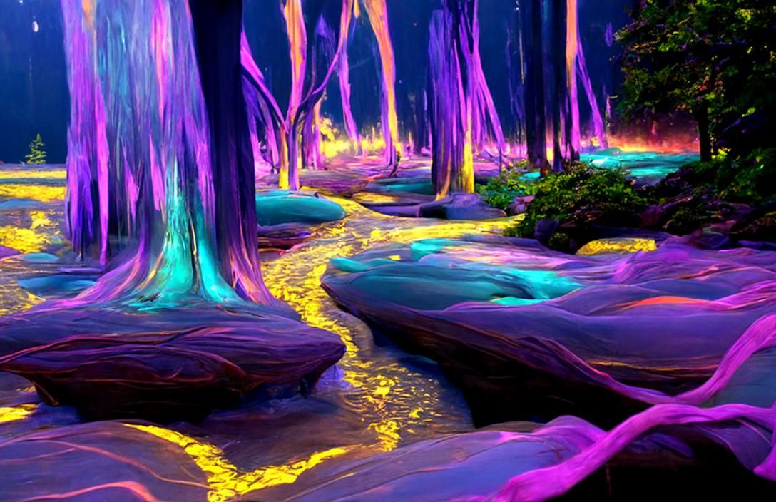 Fantasy Forest with Glowing Rivers in 3D
