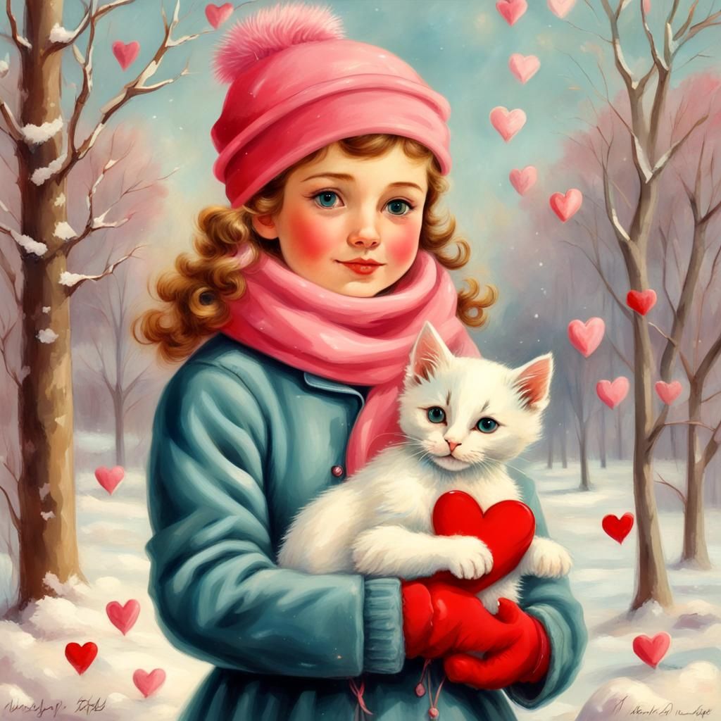 Girl with Kitten in 1950s Valentine Style