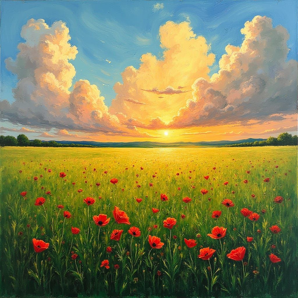 Poppy Fields Sunset: Impasto Oil Painting with Texture