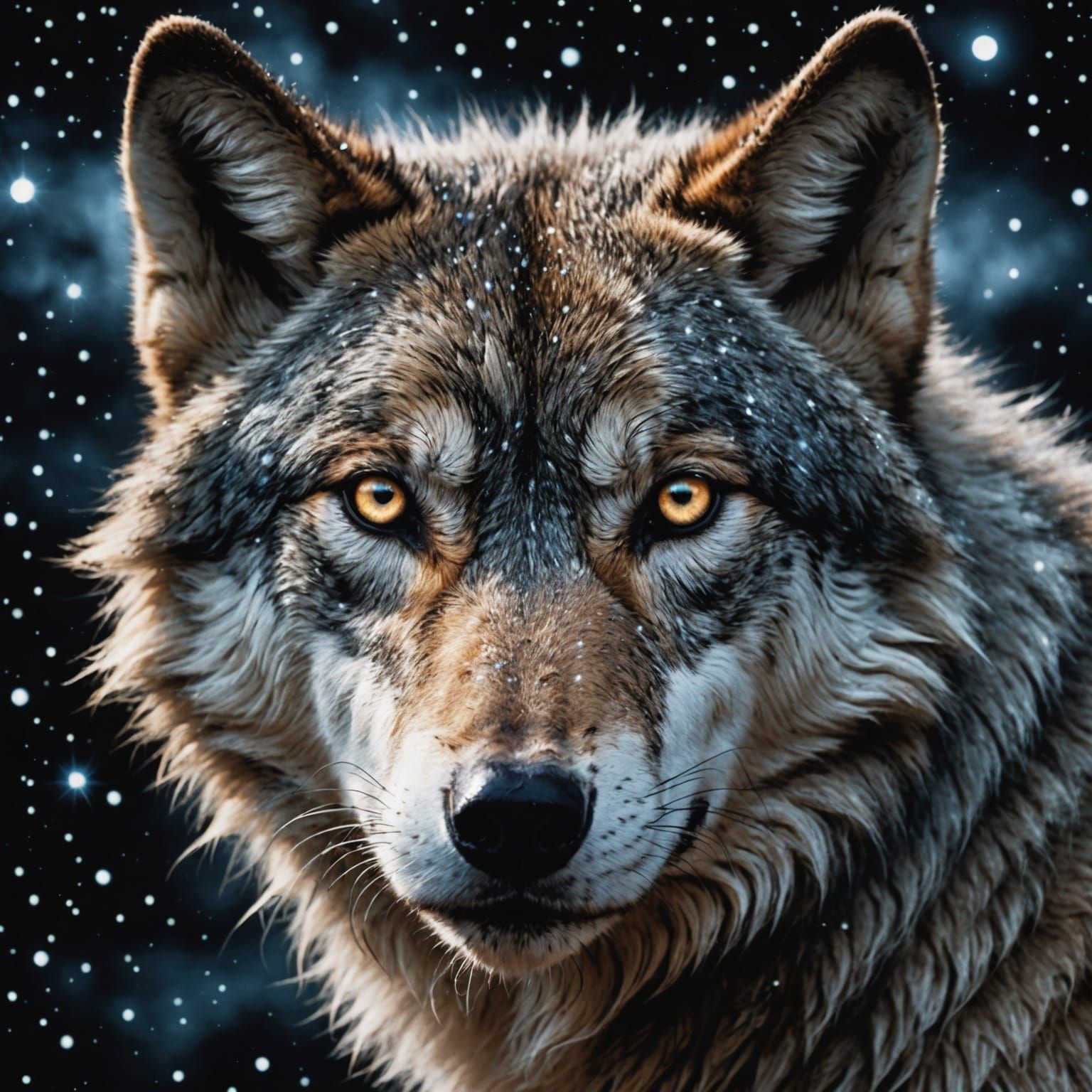 Wolf Face Merging with Constellations in Anime Style