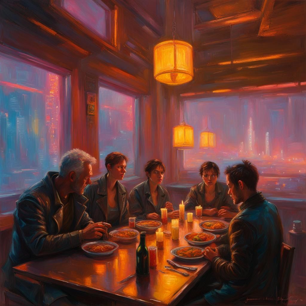 Cyberpunk Dinner in Neon Light, Digital Painting