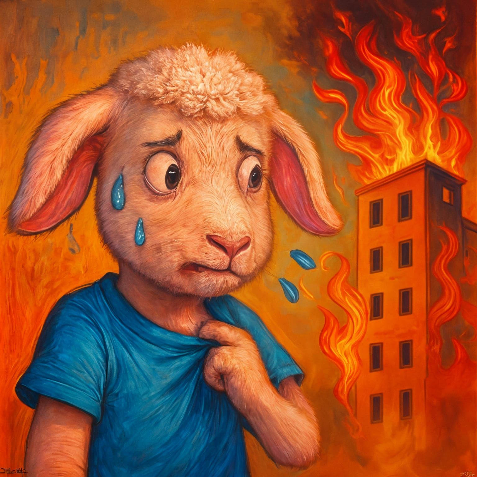 Colorful Lamb Artwork with Nervous Expression