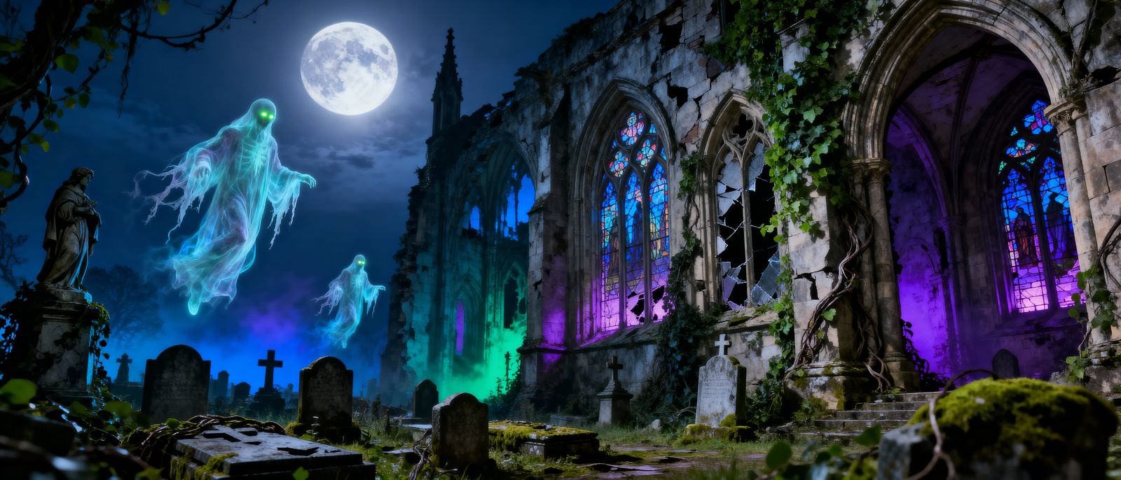 Haunted Cathedral and Graveyard in Vibrant Hyperrealism