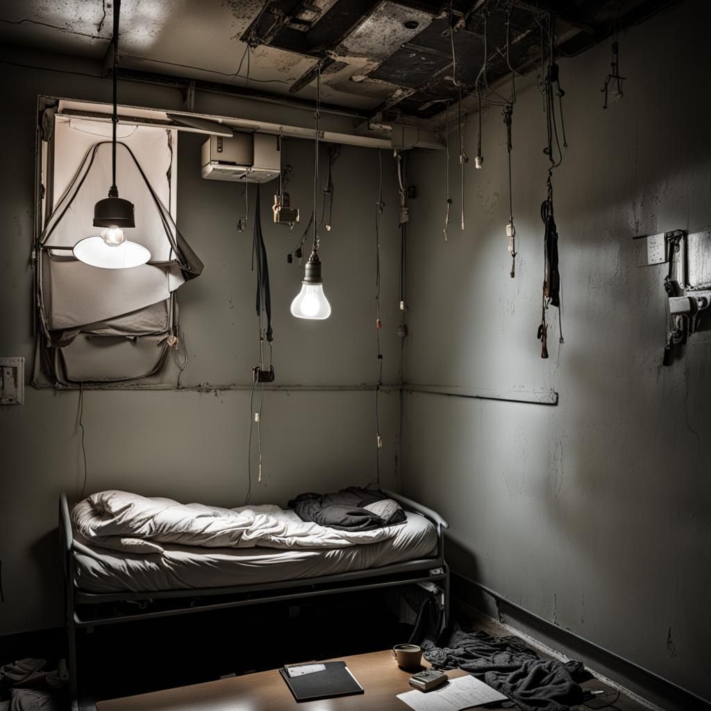 Dreary Padded Cell Interior with Metal Bed