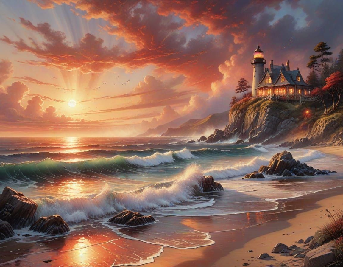 Ethereal Seashore Sunset in Watercolour and Ink