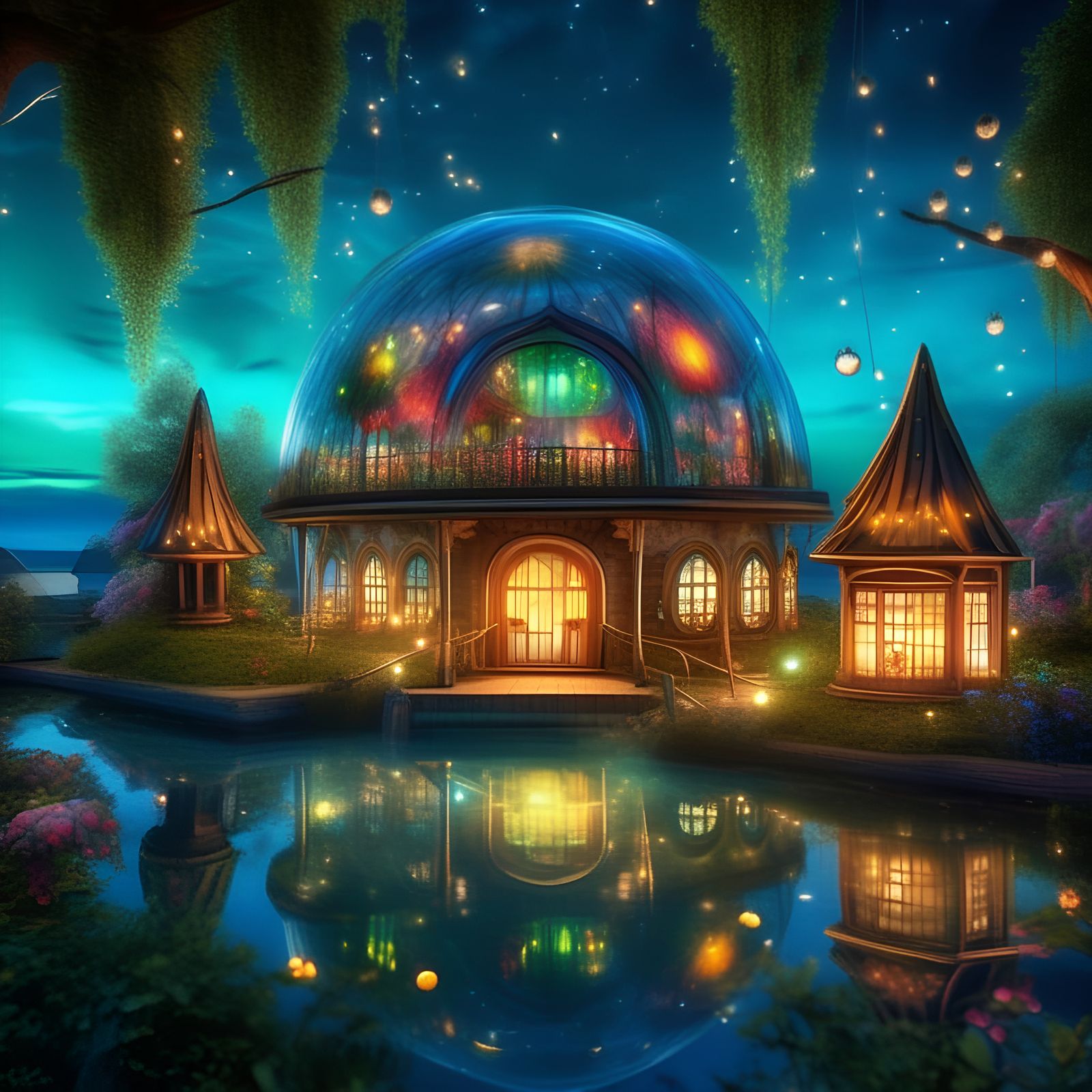Faerie Wonderland Inside Glass Dome: 3D Fantasy Art