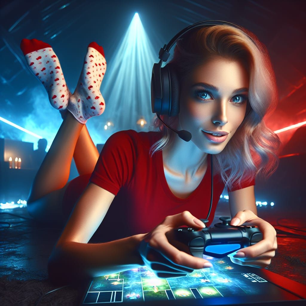 Female Gamer Immersed in Neon-Lit Fantasy Game