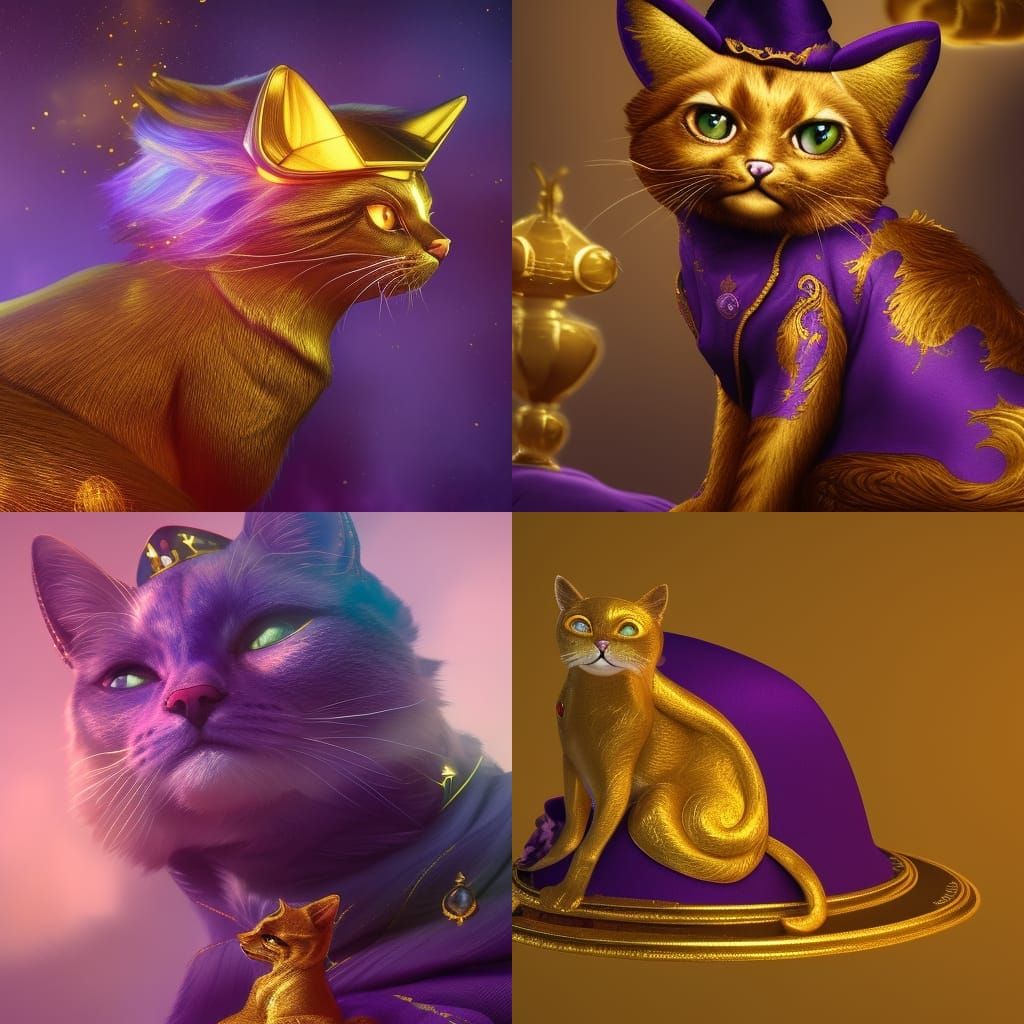 Golden Cat in Purple Hat: Fantasy Art