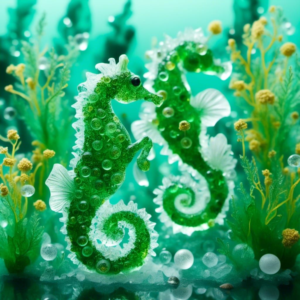 Colorful Seahorses Frolic in Glassy Seaweed