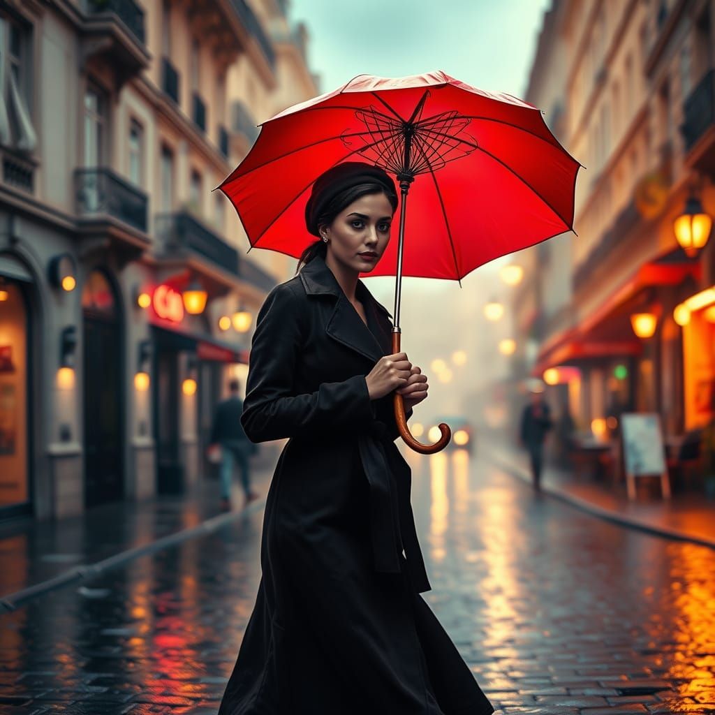 Elegant Parisian Woman Walks Alone Under Golden Rainy Skies