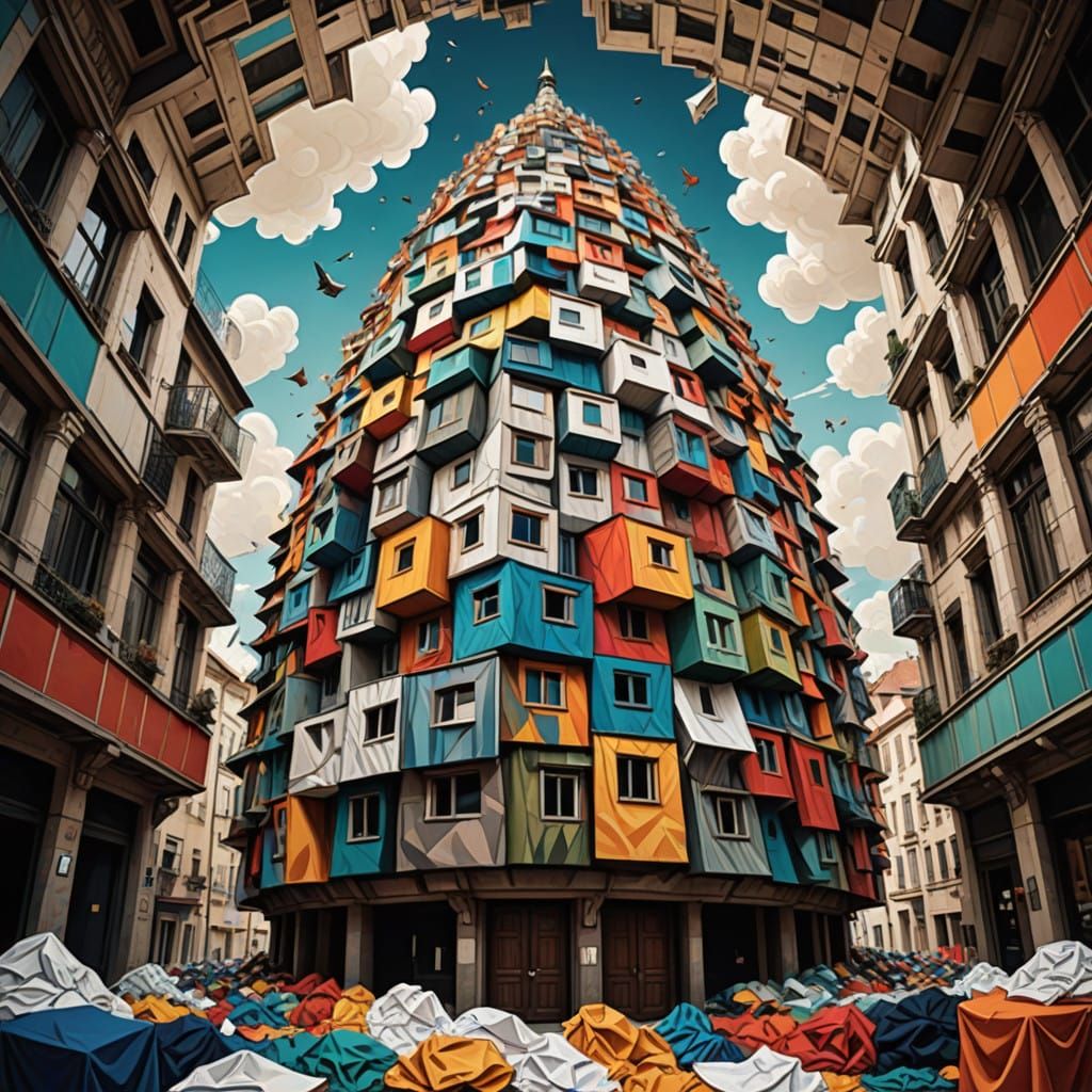 Vibrant Laundry Skyscraper in Dreamlike Geometry