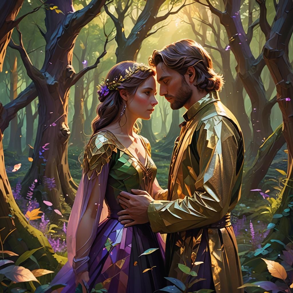 Enchanted Forest Couple in Golden Light: 3D Digital Art
