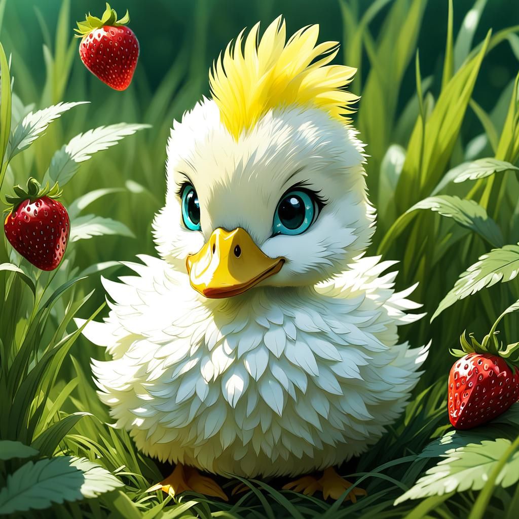 Strawberry Duckling in Grassy Meadow: Detailed Chibi Art