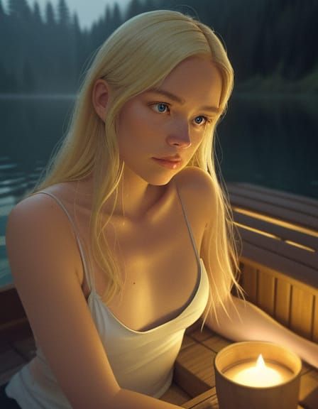 Young Woman in Lakeside Sauna: Cinematic Film Still