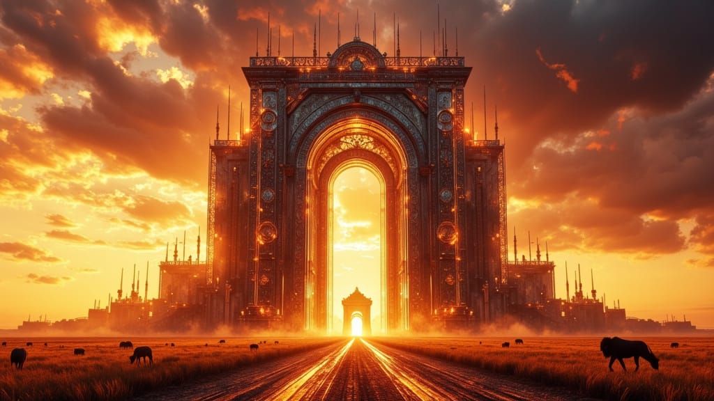 Alien Time Gate on African Plains at Sunset