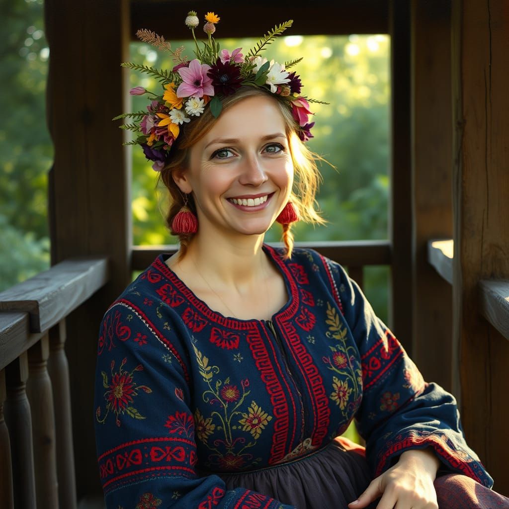 Serenely Dressed Scandinavian Woman in Folk Art Oil Painting...