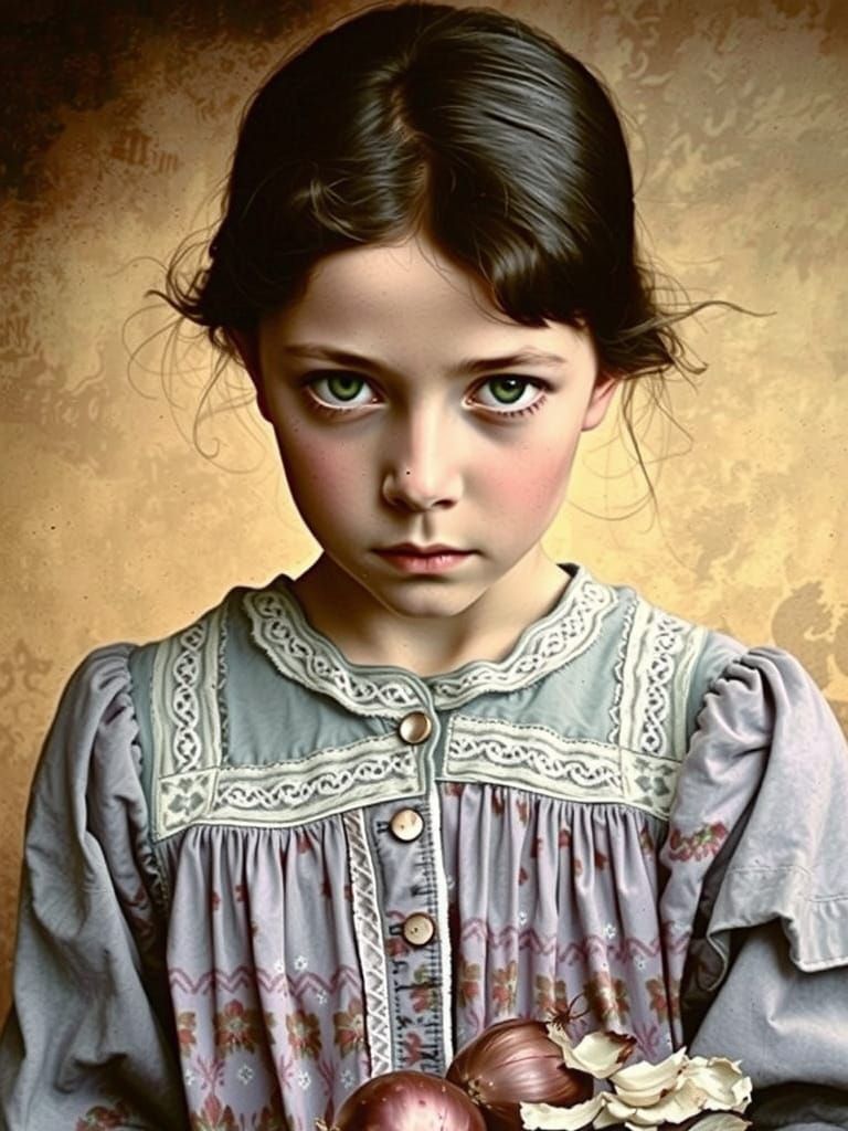 Girl Holding Onions in a Warm Photorealistic Style