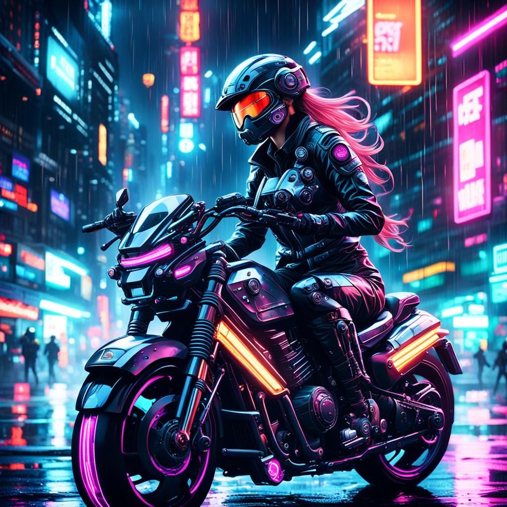 Cyberpunk Cyborg Cop Rides Motorcycle in Rainy City