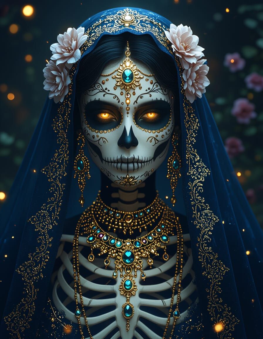 Ethereal Skeletal Figure with Gold Jewelry