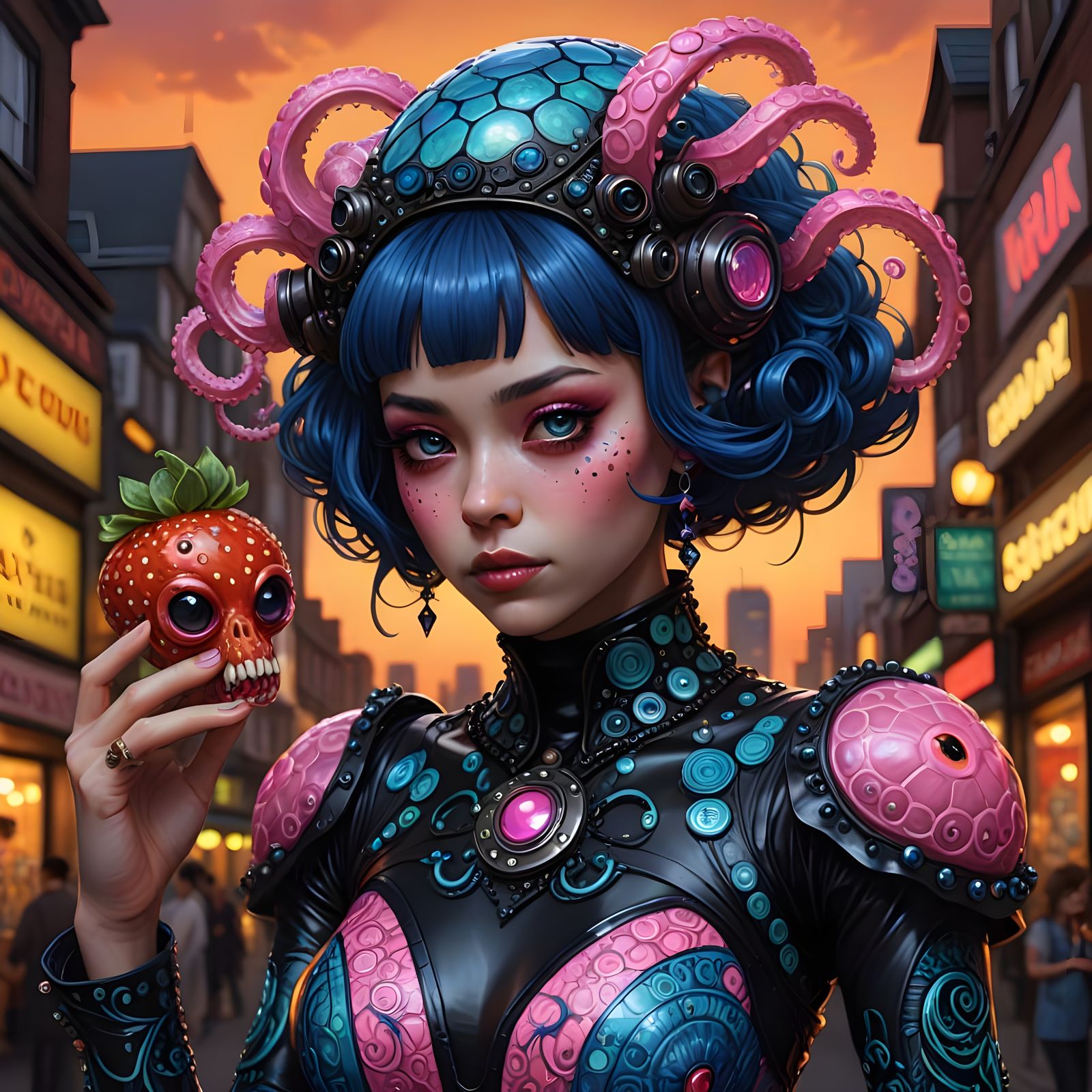 Alien Woman in Neon Pink Dress with Octopus Tattoos