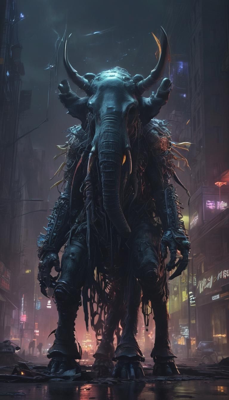 Cyberpunk Mastodon in a City of Neon Decay