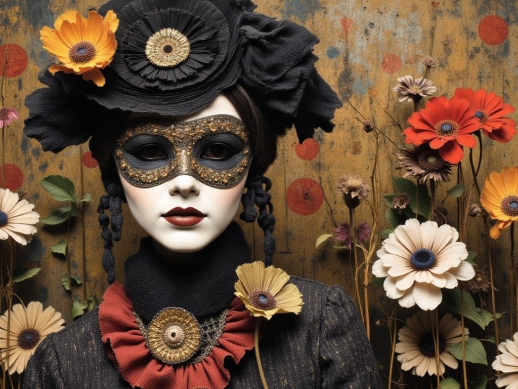 Psychedelic Collage Portrait: Woman with Bohemian Carnival M...