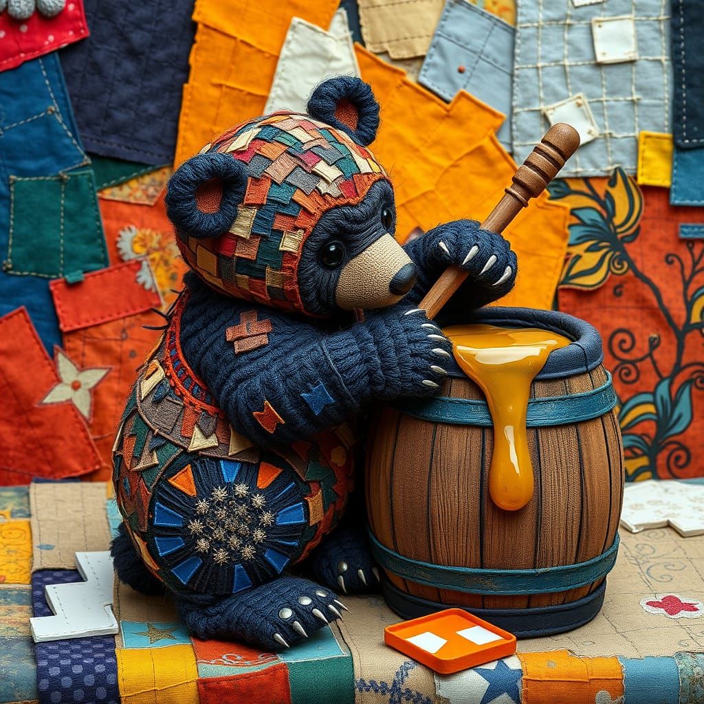 Vibrant Fabric Bear Cub Tries to Open Honey Barrel in Abstra...