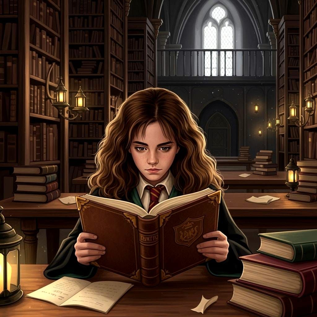 Hermione Granger in Hogwarts Library