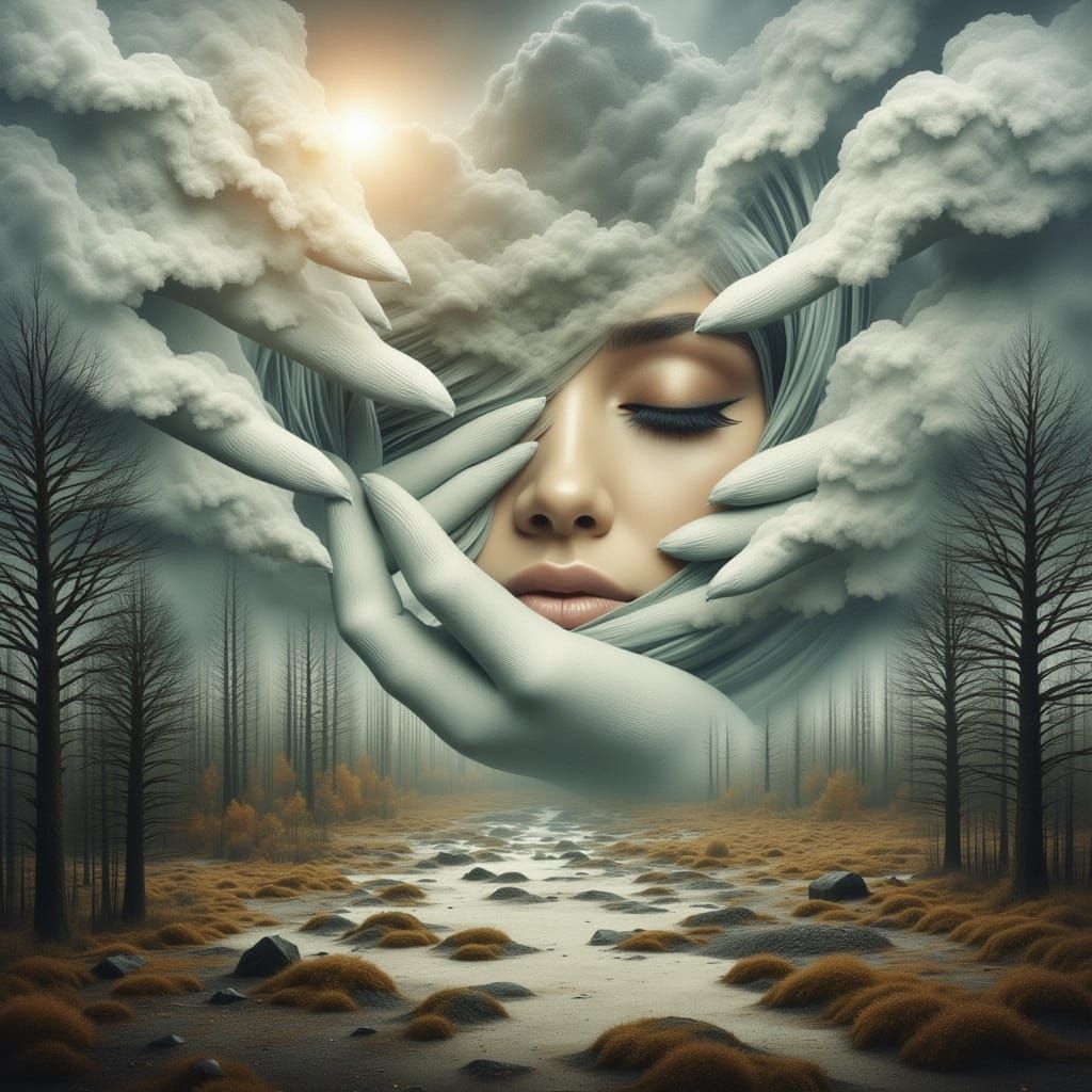 Dreamlike Woman's Hands Unfold in Desolate Landscape